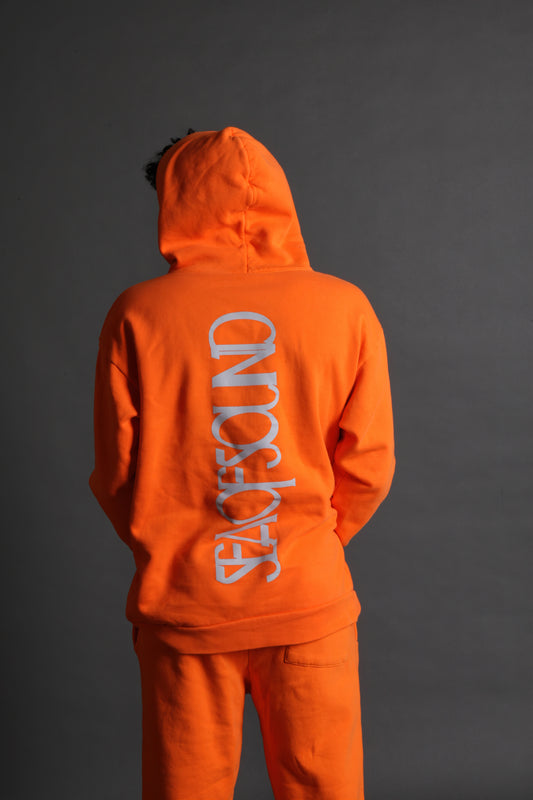 The model is wearing the orange and grey Righteous Hoodie from Sea Of Sound by Gavin Rossdale with the main Sea Of Sound logo on the back