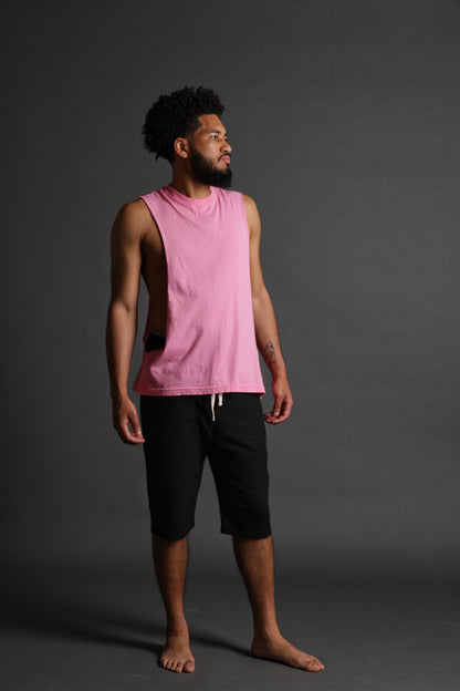 The model is wearing the stage tank in pink from Sea Of Sound by Gavin Rossdale with a blank front.