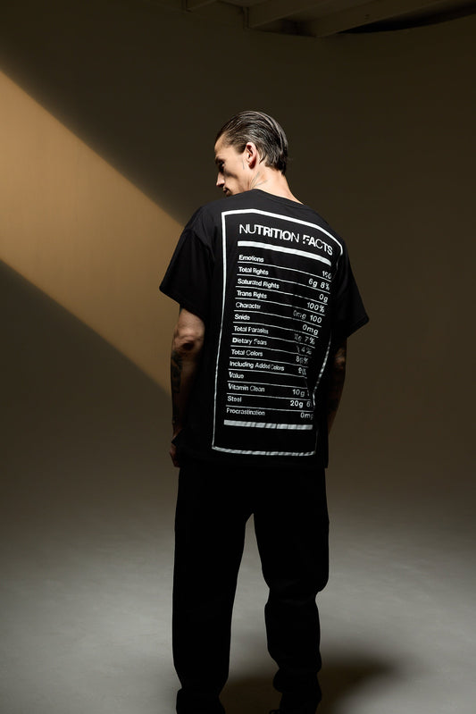 The model is wearing a black and white tshirt with the Sea Of Sound by Gavin Rossdale Nutrition Facts logo on the back