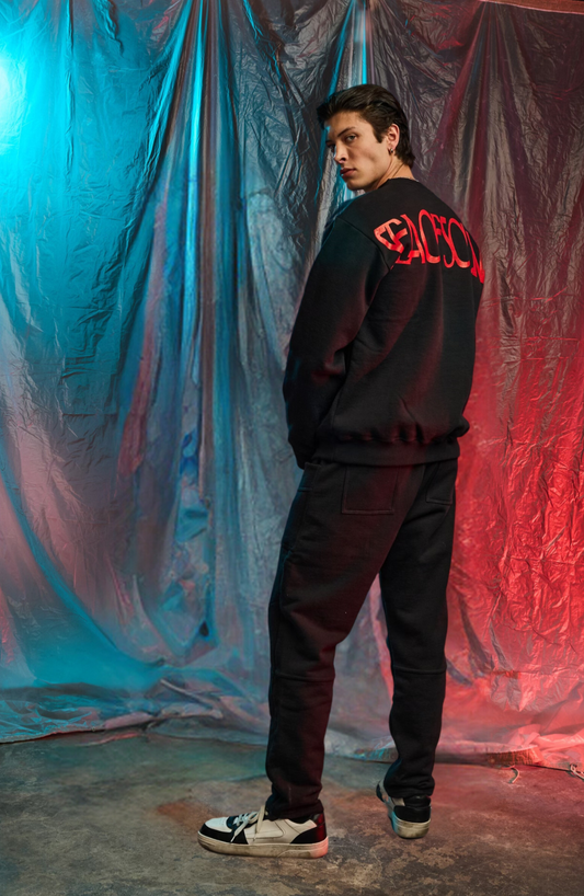 The model is wearing the black and red crewneck from Sea Of Sound by Gavin Rossdale with the main Sea Of Sound logo on the back.