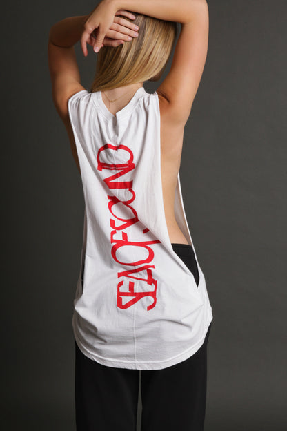 The model is wearing the white and red stage tank from Sea Of Sound by Gavin Rossdale with the main Sea Of Sound logo going down the back.